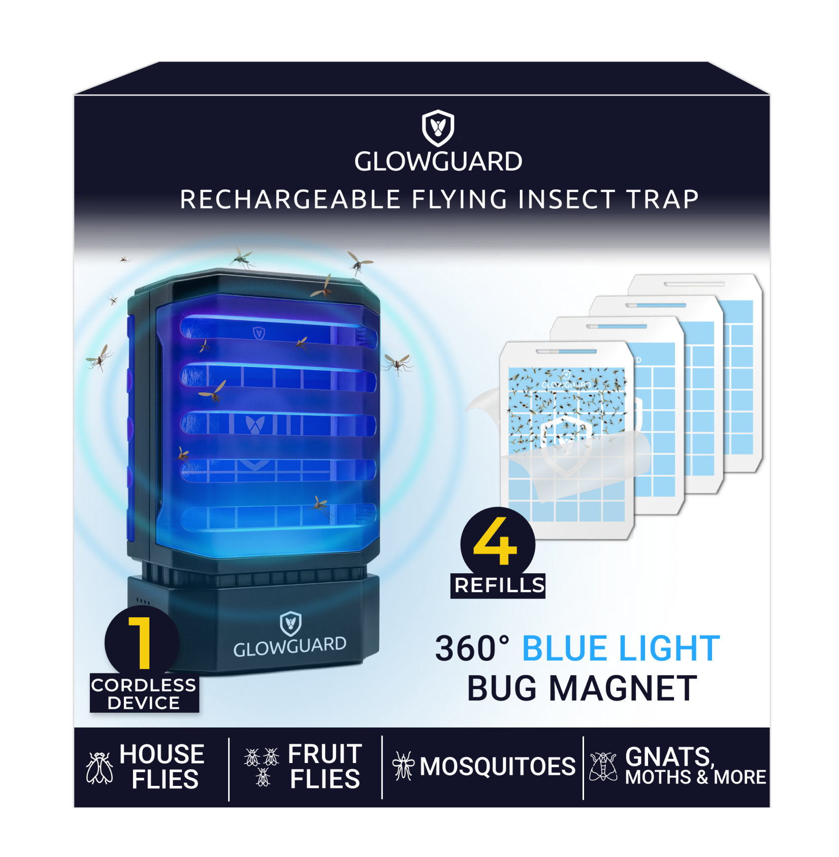GlowGuard-X Rechargable Fly Trap & Gnat Killer | Muti-Purpose Mosquito Trap + Fruit Fly Catcher | 1 Device+ 4 Refills