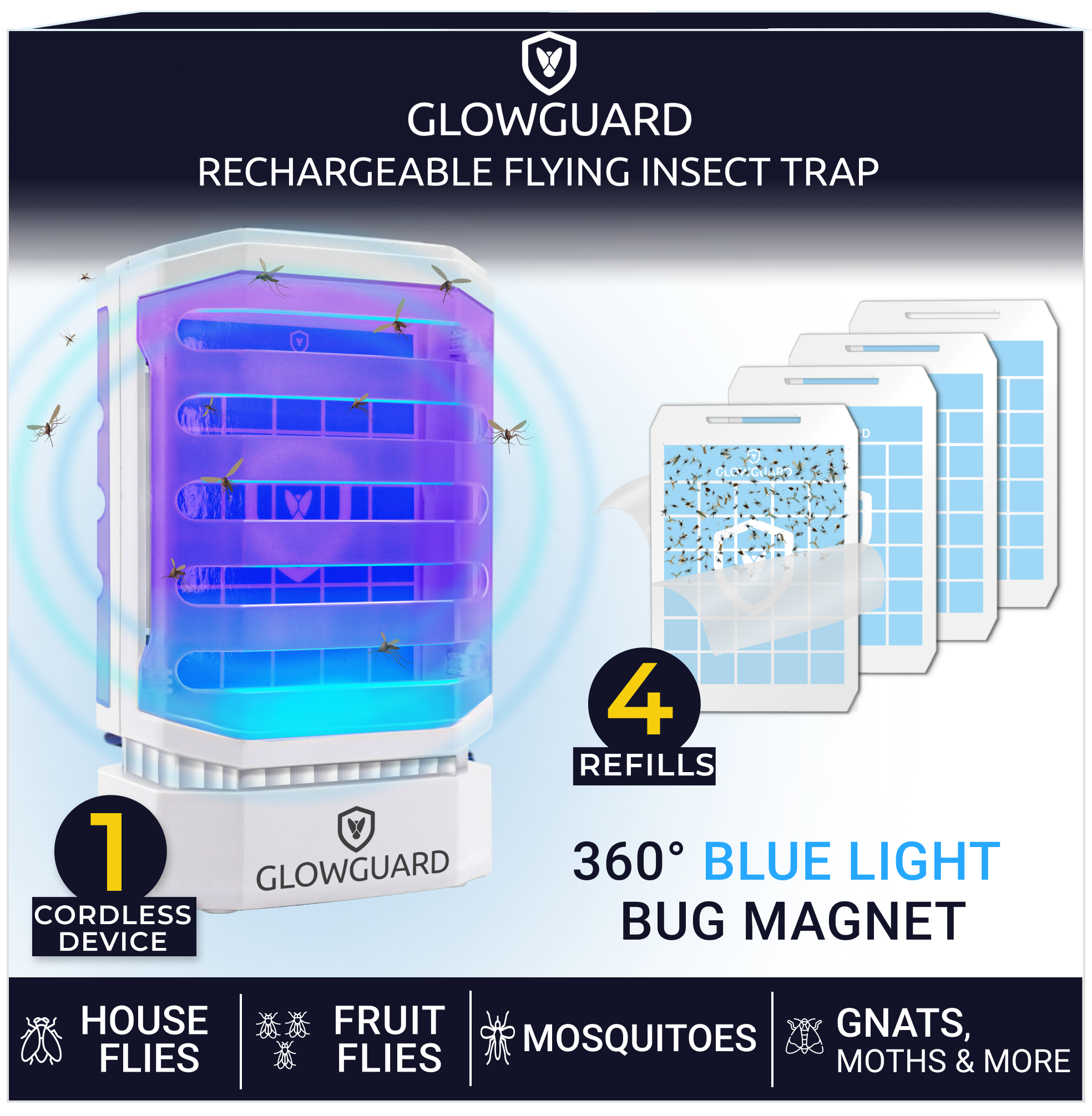 GlowGuard-X Rechargable Fly Trap & Gnat Killer | Muti-Purpose Mosquito Trap + Fruit Fly Catcher | 1 Device+ 4 Refills